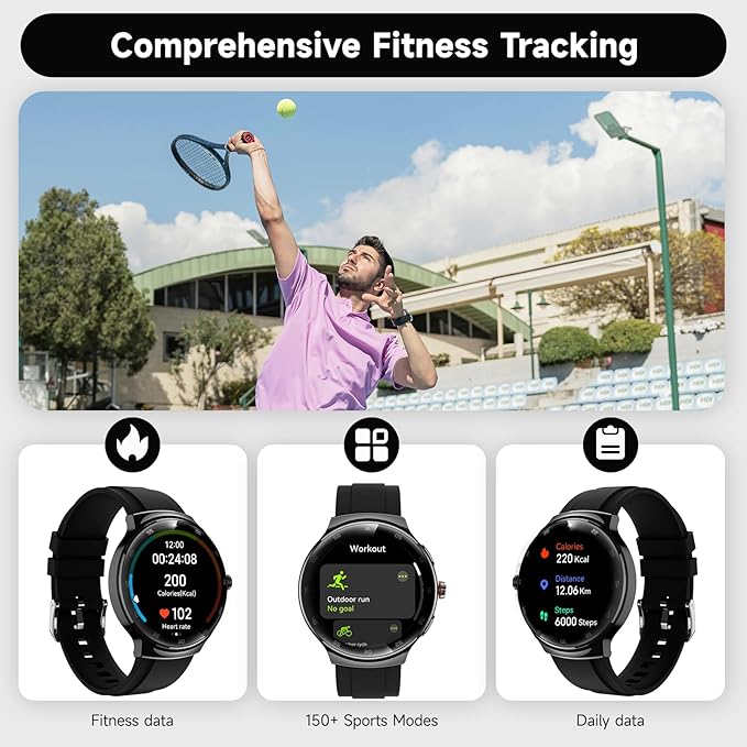 Smart Watch for Men Women, 1.43" AMOLED IP68 Waterproof Smartwatch, Fitness Tracker with Heart Rate/SpO2/Sleep Monitor, 150+ Sports Mode, Bluetooth Call Android & iOS Compatible, 2 Bands