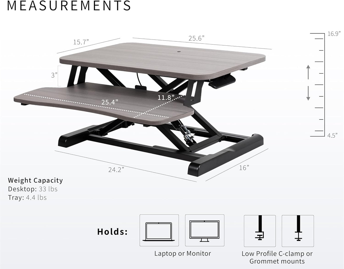 VIVO 26 inch Desk Converter, K Series, Height Adjustable Sit to Stand Riser, Dual Monitor and Laptop Workstation with Keyboard Tray, Gray Top, Black Frame, DESK-V026KG
