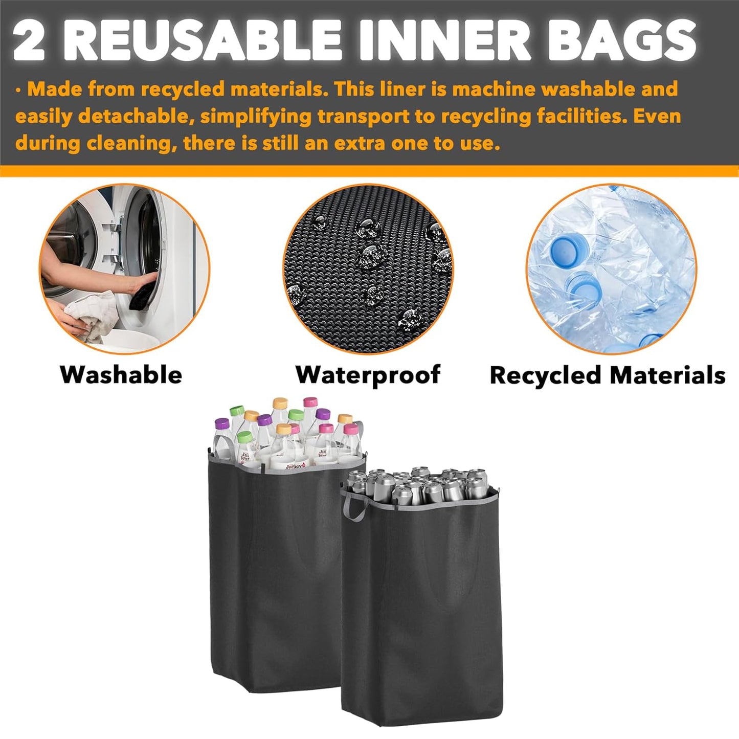SpaceAid Recycling Bin for Kitchen 26 Gallon, 100L Recycle Bin with Lid and 2 Reusable Inner Bags, for Bottle Can Glass Plastic Stickers, Grey