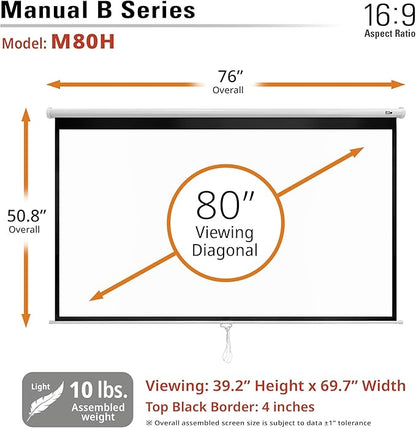 Elite Screens Manual B, 80-INCH Manual Pull Down Projector Screen 4K/8K Home Theater Movie Gaming Projection Screen, M80H