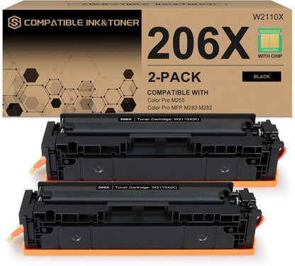 206X Black Toner Cartridges High-Yield (with Chip) Works with HP Color Pro MFP M283fdw M283cdw, Pro M255dw M255nw, MFP M282nw M283 M255 M282 Printer | W2110X 206A W2110A, Pack of 2