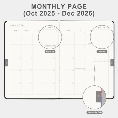 And Per Se 2026 Planner-Daily, Weekly & 15-Monthly Leather Hardcover Planner, 5.7" x 8", Daily Schedule, Monthly Tabs, 100 GSM Thick Paper, Back Pocket(Black)