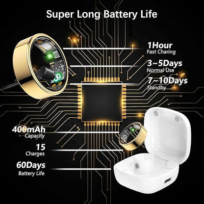 Smart Health Ring for Women Men, Fitness Tracker Ring with Heart Rate, Blood Oxygen, Sleep Tracker, Step Tracker, No Subscription Fee, IP68 Waterproof Smart Ring for iPhone & Android (Gold, 8#)