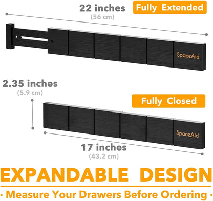 SpaceAid Bamboo Drawer Dividers with Inserts and Labels, Kitchen Adjustable Drawer Organizers, Expandable Organization for Home, Office, Dressers, 10 Dividers with 24 Inserts (17"-22" Black)
