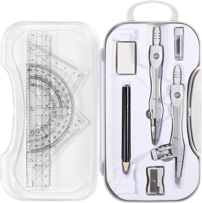 10 Pieces Math Geometry Kit Set Student Supplies with Shatterproof Storage Box,Includes Rulers,Protractor,Compass,Eraser,Pencil Sharpener,Lead Refills,Pencil,for School and Drawings（Grey）