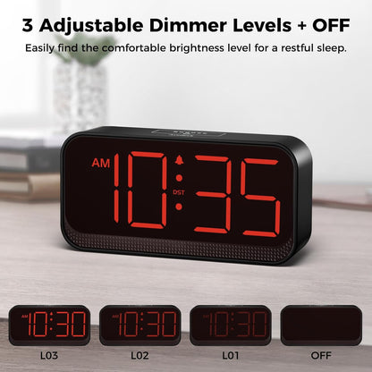Battery Operated Digital Clock: Cordless Small Alarm Clock for Bedroom Travel - Large Numbers 4 Dimmers for All Ages Red Digits