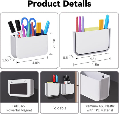 Magnetic Foldable Pen Holder, Magnetic Dry Erase Marker Pencil Holder, Strong Magnet Remote Holder Storage Organizer for Office, Whiteboard, Locker, Home Refrigerator, Desk Accessories(1 Pack White)