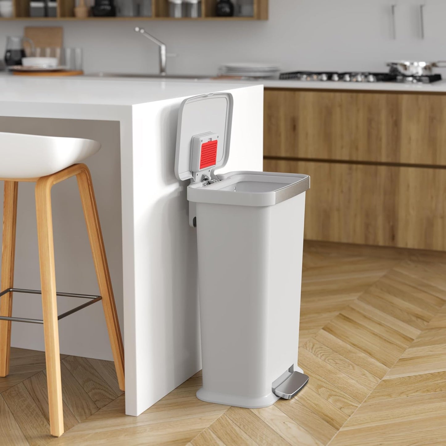 iTouchless SoftStep 13.2 Gal / 50L Step Pedal Kitchen Trash Can with Odor Filter, Durable Dent-Proof Construction and Stainless Steel Trim, Garbage Bin with Lid for Home Office, Bedroom, White Plastic