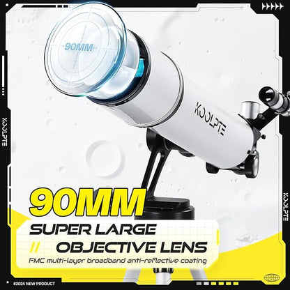 Telescope, 90mm Aperture 700mm with Vertisteel AZ Mounting Slow-Motion Mount, High Power for Astronomy Enthusiasts, Easy for Kids, with Carry Bag, Wireless Remote Control, Phone Adapter,White