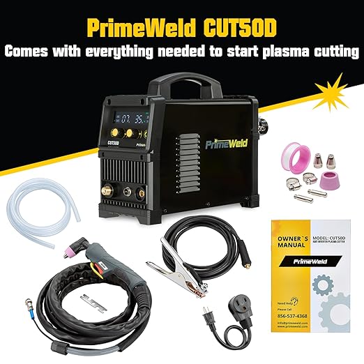 PrimeWeld 50A Air Inverter Plasma Cutter, Portable Plasma Cutting Machine, Premium and Rugged Plasma Cutter Kit, Automatic Dual Voltage 110V/220V AC with Plasma Torch, 1/2" Clean Cut, CUT50D