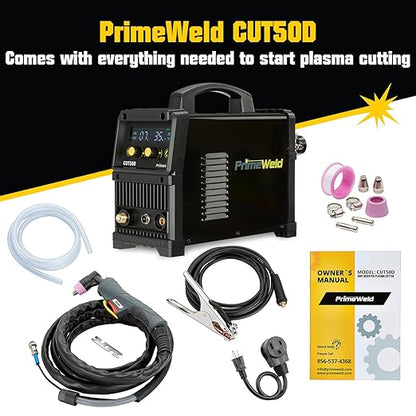 PrimeWeld 50A Air Inverter Plasma Cutter, Portable Plasma Cutting Machine, Premium and Rugged Plasma Cutter Kit, Automatic Dual Voltage 110V/220V AC with Plasma Torch, 1/2" Clean Cut, CUT50D