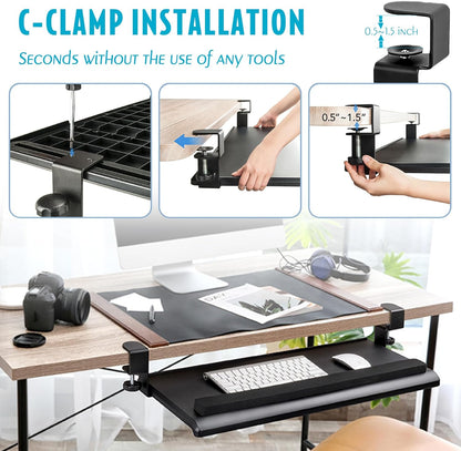 EHO Large Ergonomic C-Clamp Keyboard Tray Mount Under Desk with Wrist Rest, Slide-Out Platform 27.5" (31.8" Including Clamps) x 12.5", Pull Out Keyboard & Mouse Tray for Home or Office, Black