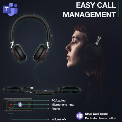 Yealink UH38 Bluetooth USB Wired Headset, Work Headset with Noise Cancelling Microphone, Teams Certified, Comfort Fit, Dual Connect for PC Computer & Mobile Devices, Dual Busylight