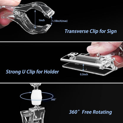 Mlici Clear Rotating Sign Holder with Clip, 16 PC Sign Clips POP Swivel Sign Holding Clamp for Retail Store Office, 4x6 Inch PVC Card Holder Protector for Merchandise Display Tags