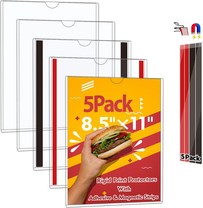 Magnetic Sign Holder 8.5 x 11 - Rigid Plastic Wall Sign Holder Reusable Adhesive Frames, Magnetic Frame for Refrigerator Door Window, Clear Rigid Print Protectors for Paper Picture, 5 Pack