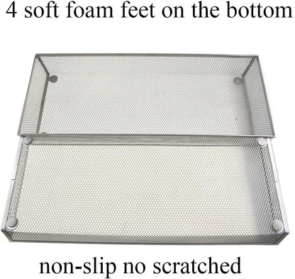 HAHIYO Stackable Mesh Tray Cup 15 x 6 x 2 inches Sturdy Container for Desk Drawer Organizer Collection for Home Office School kitchen Soft Foam Feet No Sharp Edges 1 Pack Silver