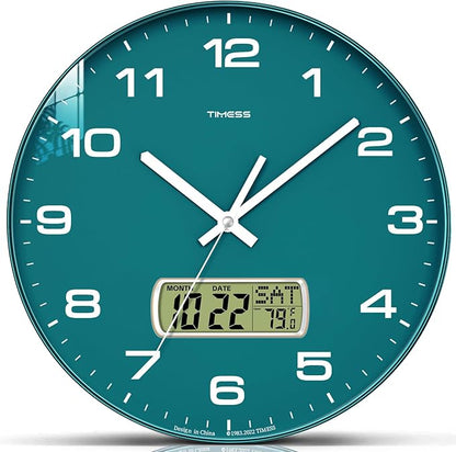 Wall Clock, 10" Dial Non-Ticking Silent Battery Operated Analog with LCD Display for Perpetual Calendar and F° Temperature, Ideal Modern Home, Office Decor (Green)