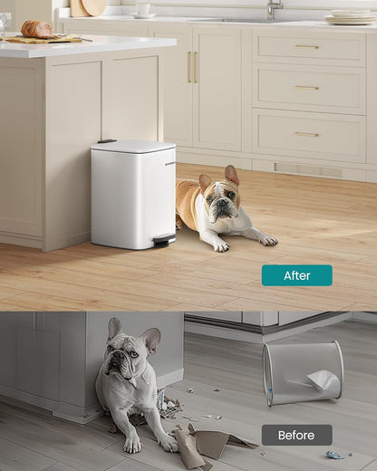 SONGMICS Kitchen Trash Can, 5.2-Gallon (20 L) Trash Bin, Stainless Steel Garbage Can, with Inner Bucket, Soft Close and Stays Open, Cloud White ULTB592W01