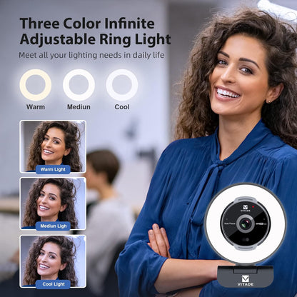 Zoomable Webcam with Remote Control, 1080P 60FPS Streaming with Ring Light and Microphone, Pro USB Webcam with 5X Digital Zoom and Privacy Cover for Zoom/Skype/Teams/PC/Laptop/Mac