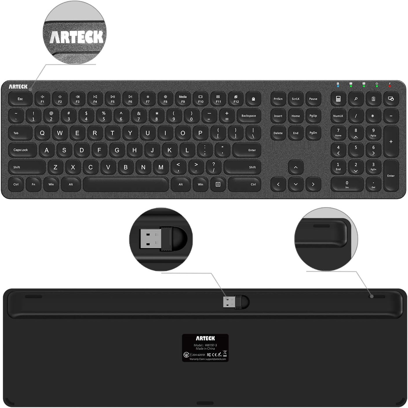 Arteck 2.4G Wireless Keyboard Stainless Steel Ultra Slim Full Size Keyboard with Numeric Keypad for Computer/Desktop/PC/Laptop/Surface/Smart TV and Windows 10/8/ 7 Built in Rechargeable Battery