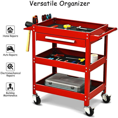 ERGOMASTER Metal Service Utility Cart with Wheels - 500LBS Tool Cart Heavy Duty Rolling 3-Tier Storage Organizer, for Garage Industrial Cart (Red)