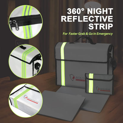 ROLOWAY Large (15 x 12 x 5 inches) Fireproof Bag with Reflective Strip, Water Resistant Fireproof Document Bag Safe for Money, Documents and Valuables Storage