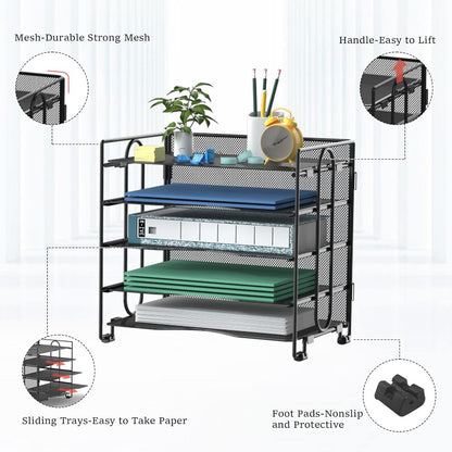 Letter Tray Paper Organizer, 5 Tier Desk Organizers Black Mesh Stackable Paper File Holder for Home Office, Document Shelves and Sorter 13.4Lx9Wx12.6H inches