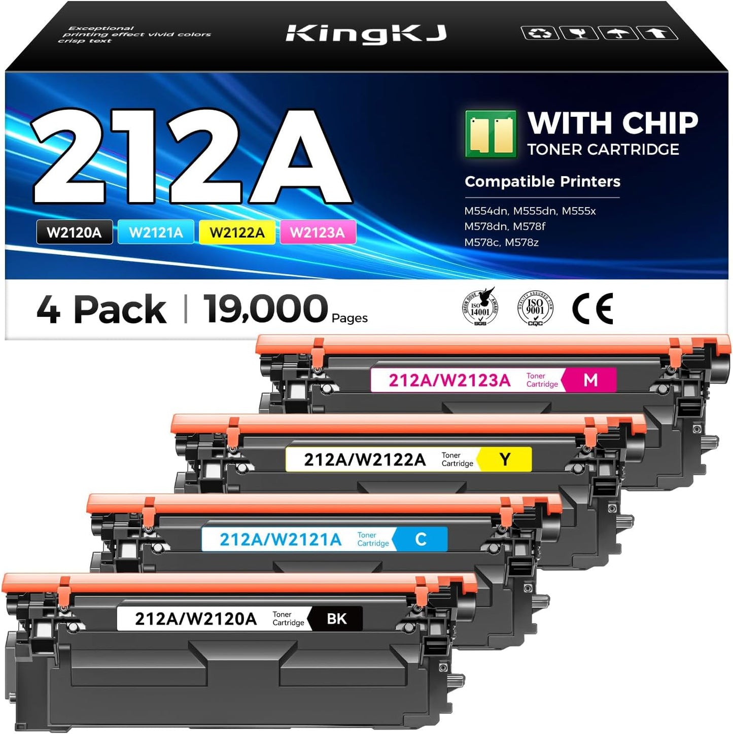 212A Toner Cartridges 4 Pack with Chip Compatible for HP 212A W2120A 212X W2120X Color Laserjet Enterprise MFP M578c M578z M554dn M555dn M555x M578dn M578f M555 M554 M578 Printer Ink All-in-One Black