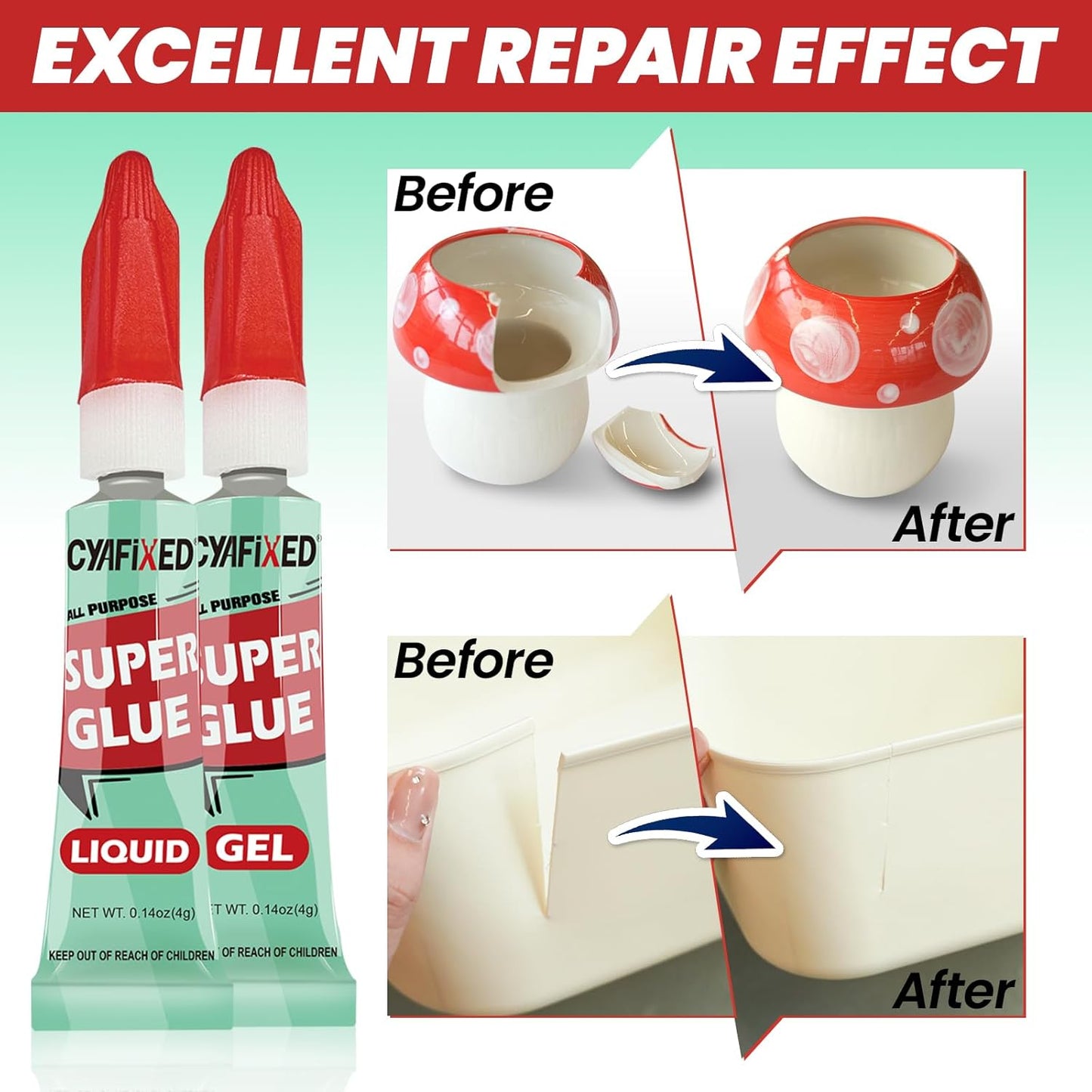 Super Glue Gel & Liquid, Clear Ca Glue Multipack All Purpose Repair Ceramic Plastic Glass Metal Pottery, Single Use Strong Cyanoacrylate Adhesive for Bonding Wood Shoes Crafts Model Aquarium Instant