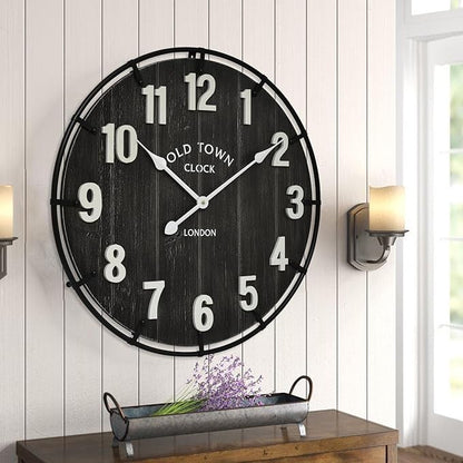 Large Old Town Farmhouse Black Wall Clock 24 Inch Rustic Antique Wood with Metal Circle and Large Numerals Silent Battery Operated Wall Clock for Office Kitchen Bedroom Living Room