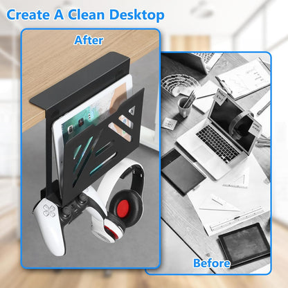 MAXECHO Desk Side Storage, Under Desk Laptop Mount, Table Side Hanging File Organizer, No Drill Clamp On Cable Management Tray, Laptop Holder with 2 Hooks for Office and Home, Load 22 Lbs