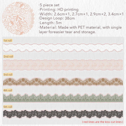 WT Baroque Lace PET Tape Sticker Set, Tape for Scrapbooking, Planners, Junk Journal or Bible Study, Colorful Artist Decorative Craft Tape, Cute Artist Tape (5 Rolls, Each 16.4FT)