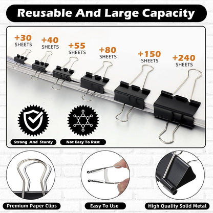 Yexiya 640 Pcs Binder Clips Paper Clamps Assorted Sizes Black, Metal Paper Binder Clips Combination Black Binding Paperwork Clamp Bulk 6 Sizes with Box School Teachers Office Supplies