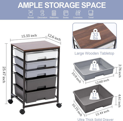 Utility Cart with 5 Drawers,Storage Drawer Cart with Wooden Tabletop and Lockable Wheels,Craft Storage Trolley Cart,5-Tier Rolling Utility Cart on Wheels,Dark Grey