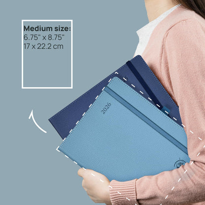 POPRUN 2026 Weekly Planner (Medium 6.75" x 8.75") 12 Months Calendar Notebook with Horizontal Layout, Leather Hardcover, Inner Pocket, 100GSM Thick Paper, Pen Holder - Aquamarine