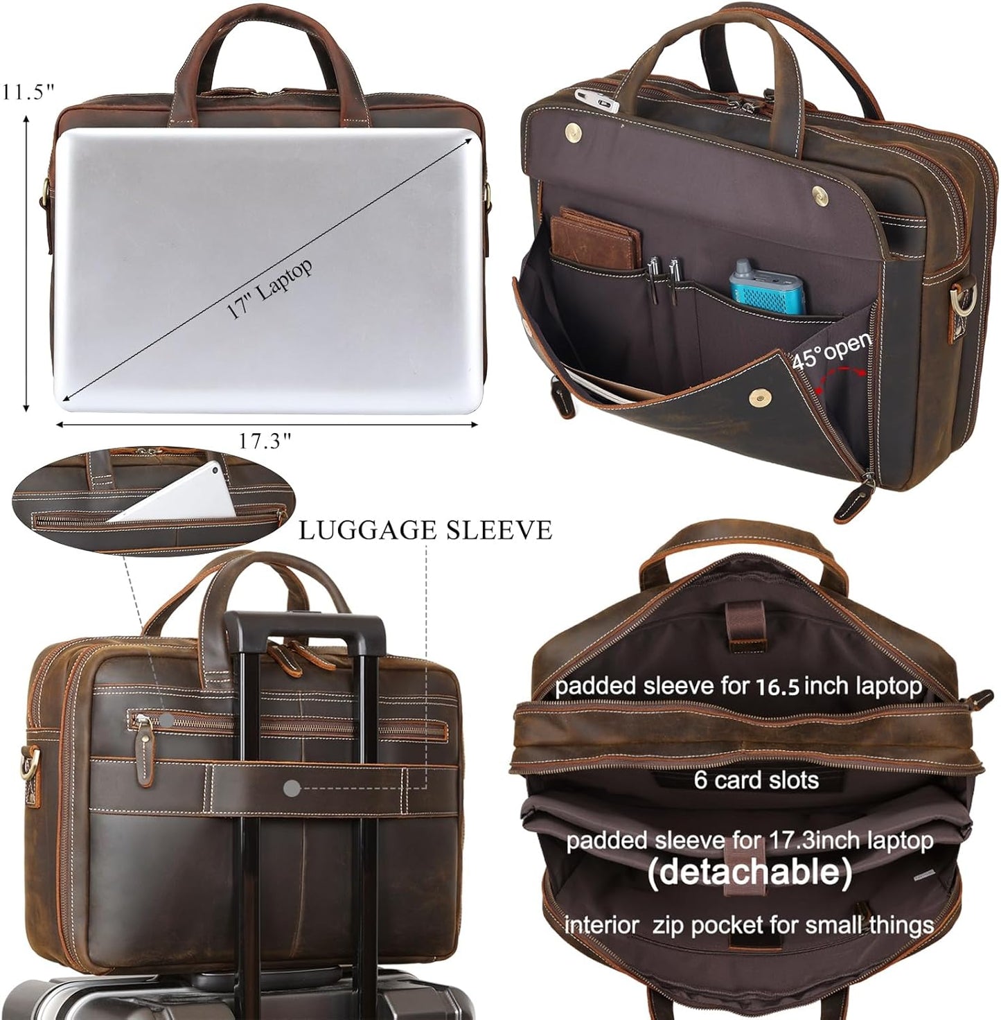 Masa Kawa Leather Briefcase for Men 15.6", 17" Laptop Computer Case Business Travel Work Messenger Cross Body Shoulder Bag