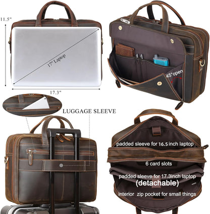 Masa Kawa Leather Briefcase for Men 15.6", 17" Laptop Computer Case Business Travel Work Messenger Cross Body Shoulder Bag