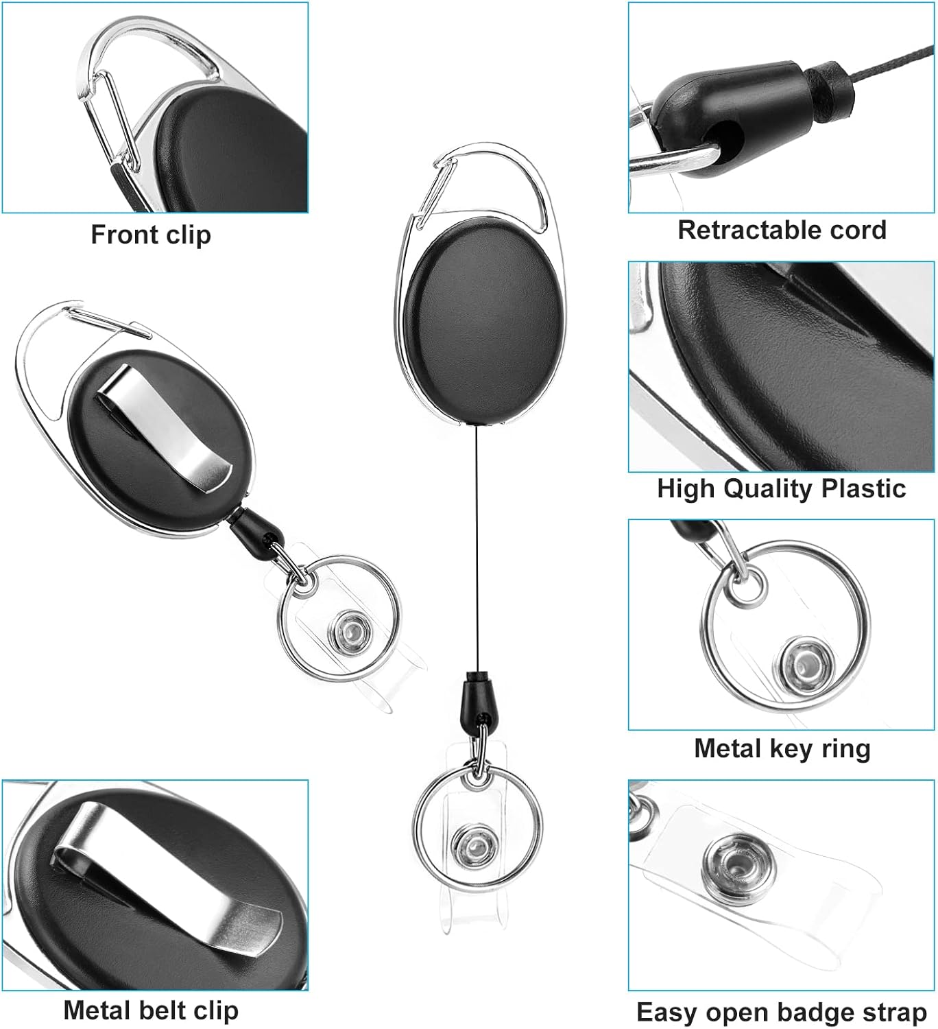 50 Pack Retractable Badge Reel with Carabiner Belt Clip and Key Ring Retractable ID Badge Holders for Office Worker Doctor Nurse