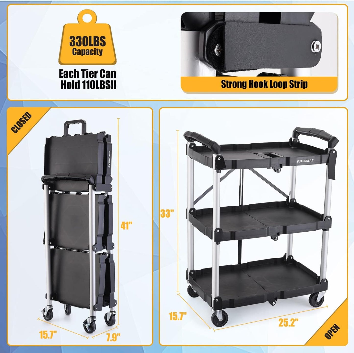 FUTURELAB Portable Folding Service Cart - 3 Tier 330LBS Capacity - Rolling Utility Foldable Cart with Wheels for Warehouse Home Workshops Garages Restaurants Offices