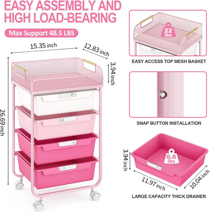 Rolling Cart with 4 Drawers,4 Tiers Rolling Utility Cart Craft Cart,Rolling Storage Drawer Cart with Mesh Top,Storage Cart with Drawers & 4 PCS DIY Lable, Rose Pink