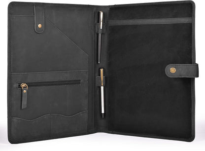 Genuine Leather Portfolio – Sleek Black Professional Organizer & Resume Folder, Antique Leather Business Document Padfolio with Writing Pad, Ideal Gift for Men & Women