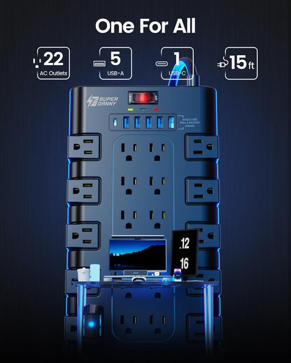 Power Strip Surge Protector, SUPERDANNY 15Ft Long Extension Cord with 6 USB Charging Ports and 22 AC Outlets, 1875W/15A, 2100 Joules, Flat Plug Power Outlet for Home, Office, Dorm, Gaming Room, Black