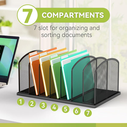 Desk File Organizer 7 Sections Upright Mesh File Sorter Organizer for Desk, Office Organization File Holder for Home, Office & Classroom (Black, 1Pack)