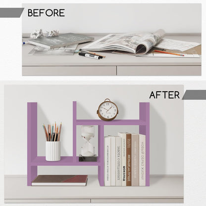 Jerry & Maggie Desktop Organizer Office Storage Rack Adjustable Wood Display Shelf Free Style Double H, Multi-Functional Mini Bookshelf for Desk Natural Stand (Violet)