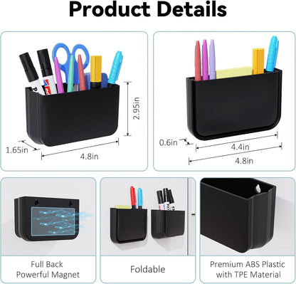 Magnetic Foldable Pen Holder, Magnetic Dry Erase Marker Pencil Holder, Strong Magnet Remote Holder Storage Organizer for Office, Whiteboard, Locker, Home Refrigerator, Desk Accessories(1 Pack Black)