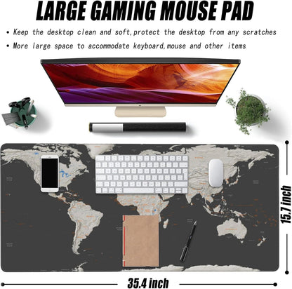 Desk Mat, Vintage World Map Extended Large Gaming Mouse Pad XXL, Non-Slip Rubber Base Stitched Edges Long Computer Keyboard Desk Pad Mouse Mat for Home Office Gaming 35.4"X15.7"