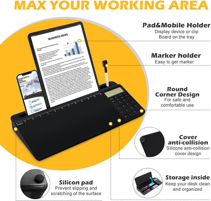 Desktop Glass Whiteboard with Calculator(12 Digit LCD Display) & Ruler Marker,Tilted Notepad Computer Keyboard Stand with Black Dry Erase Board Surface, Desk Organizers with Accessories,Black