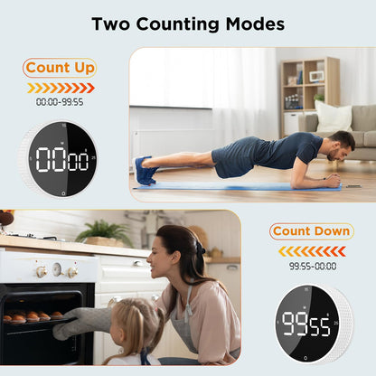 Upgrade Digital Kitchen Timer - Magnetic Countdown Countup Visual Pomodoro Timer with Large LED Display, 3-Preset Times (5, 15, 25), 3 Volume Levels, Ideal for Cooking, Baking and Fitness (1, White)
