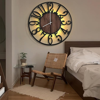 LEIKE Large LED Wall Clocks,Silent,Non Ticking,Battery Operated Rustic Round Modern Big Wood Wall Clock for Living Room, Bedroom,Kitchen,Farmhouse,Office,Home Decor -32" Black,LED,Arabic Number