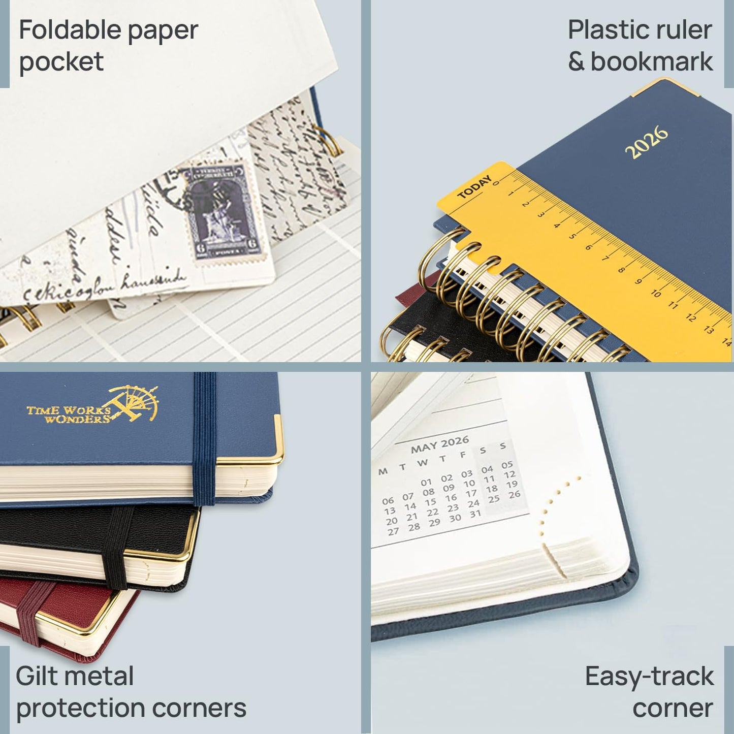 POPRUN 2026 Daily Planner One Page A Day - [A4 Large Size 8.25" x 12" -Spiral Hard Cover], Agenda 2026 Hourly Appointment Book with Monthly Calendar, Pen Holder, Ivory Paper -Light Yellow